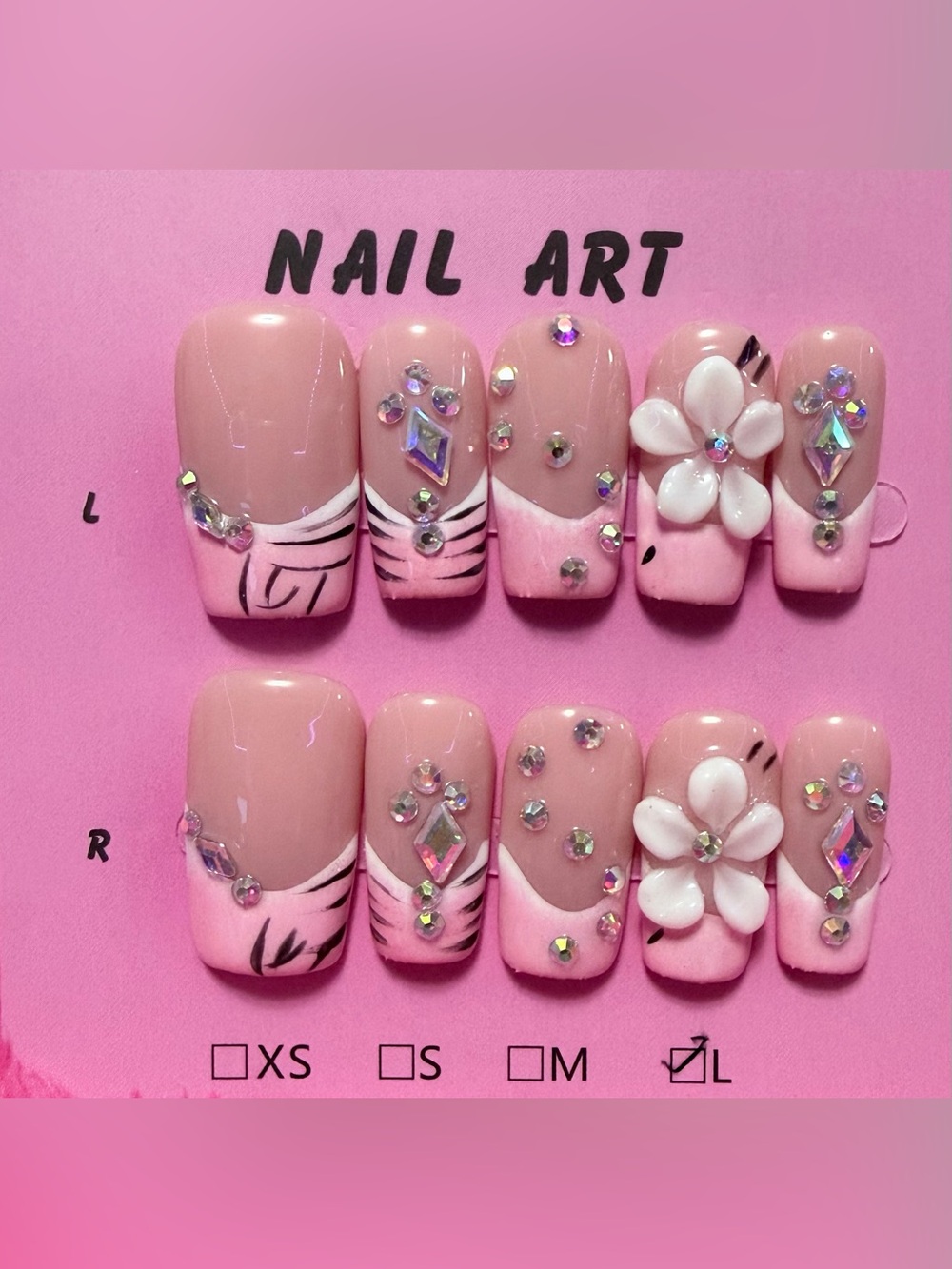 Nude Pink Floral Rhinestone Press-On Nail Set
